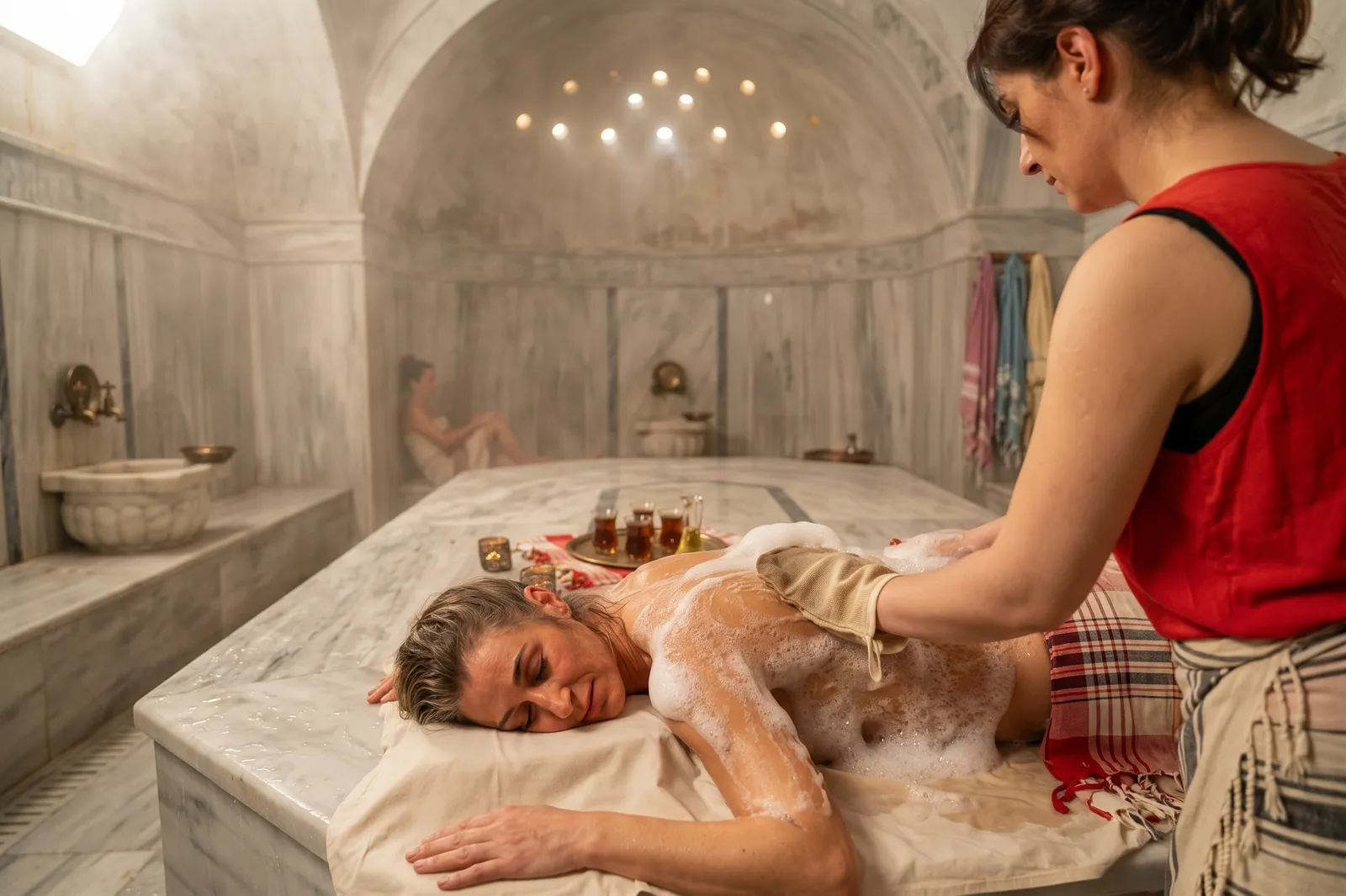 Steam rising over the heated marble göbek taşı of a traditional Turkish hammam at Yunak Spa